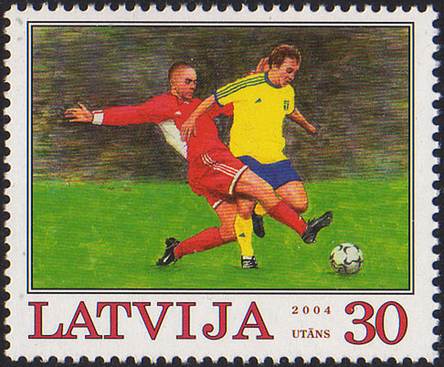 Latvian postage stamp issued to commemorate the participation of Latvia at EURO 2004 European football championships