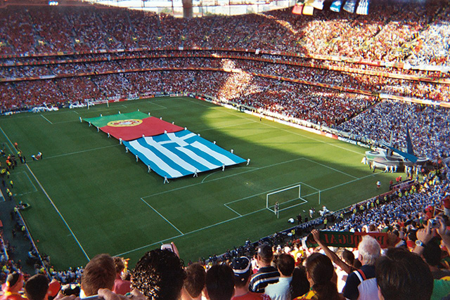 flags of Portugal and Greece at the start of the Euro 2004 final