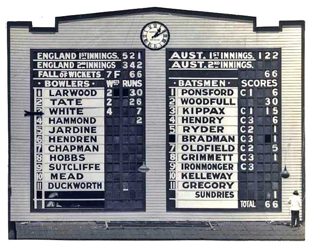 Cricket scoreboard from the England versus Australia in the First Test, Queensland 1928